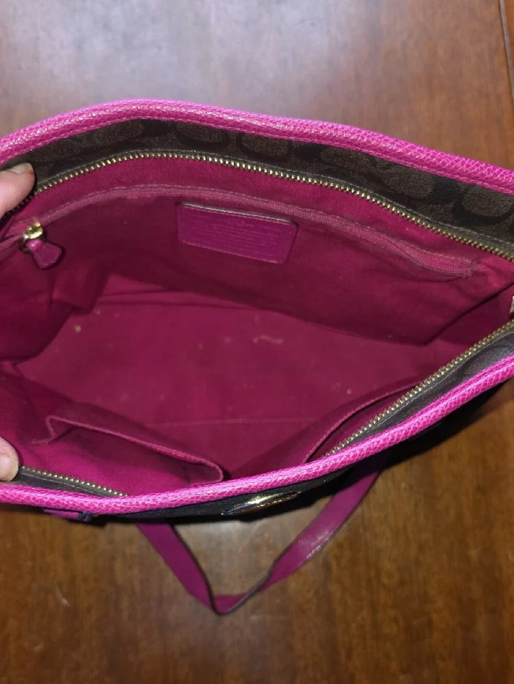 Coach Brown Signature Tote with Pink Trim and Straps